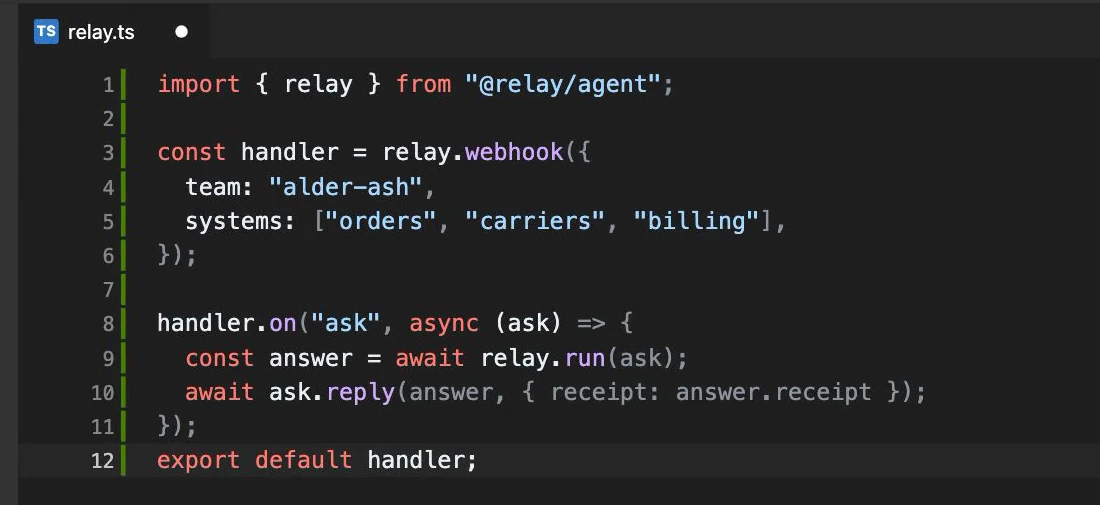 A VS Code-style window displays the finished relay.ts example: package import, webhook configuration, systems list, ask handler, answer generation, reply with receipt, and exported handler. The displayed code is a staged teaching example.