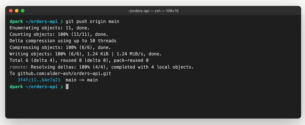 A dark terminal from the published Git-push tutorial retains git push origin main above enumeration, compression, writing, and remote update output, with the prompt returned below.