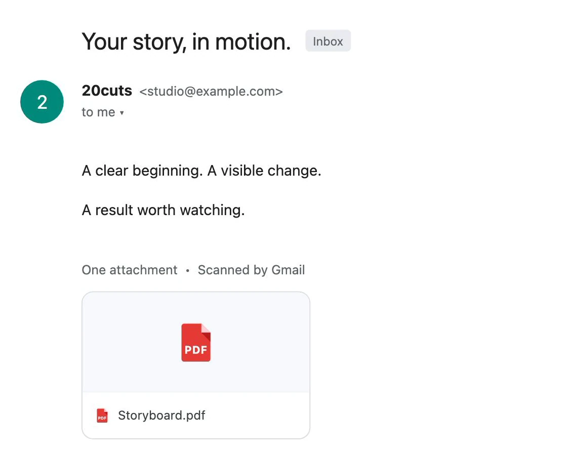 A close Gmail-style scene from the approved 20cuts reel shows a 20cuts message titled Your story, in motion and an attachment named Storyboard.pdf. The visible copy describes a clear beginning, a visible change, and a result.