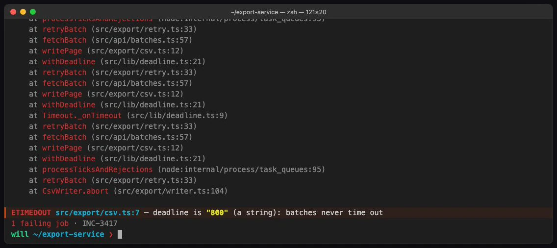 A frame from The handoff shows a terminal stack trace ending with ETIMEDOUT, a deadline value of string 800, and the incident reference INC-3417.