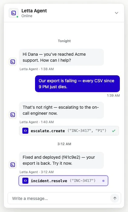 The handoff shows a support chat containing the export failure, escalation INC-3417, a fixed-and-deployed reply with commit f41c9e2, and an incident.resolve call that is still active.