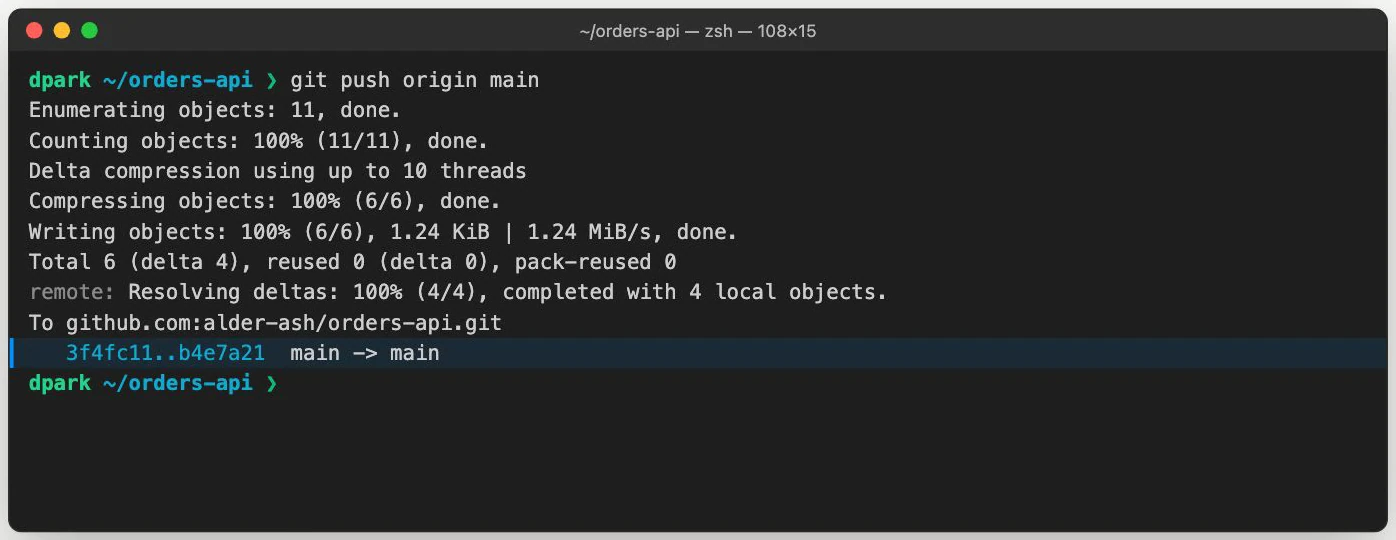 A frame from the Git push tutorial shows the completed terminal output for git push origin main, including object transfer lines and the remote main reference update.