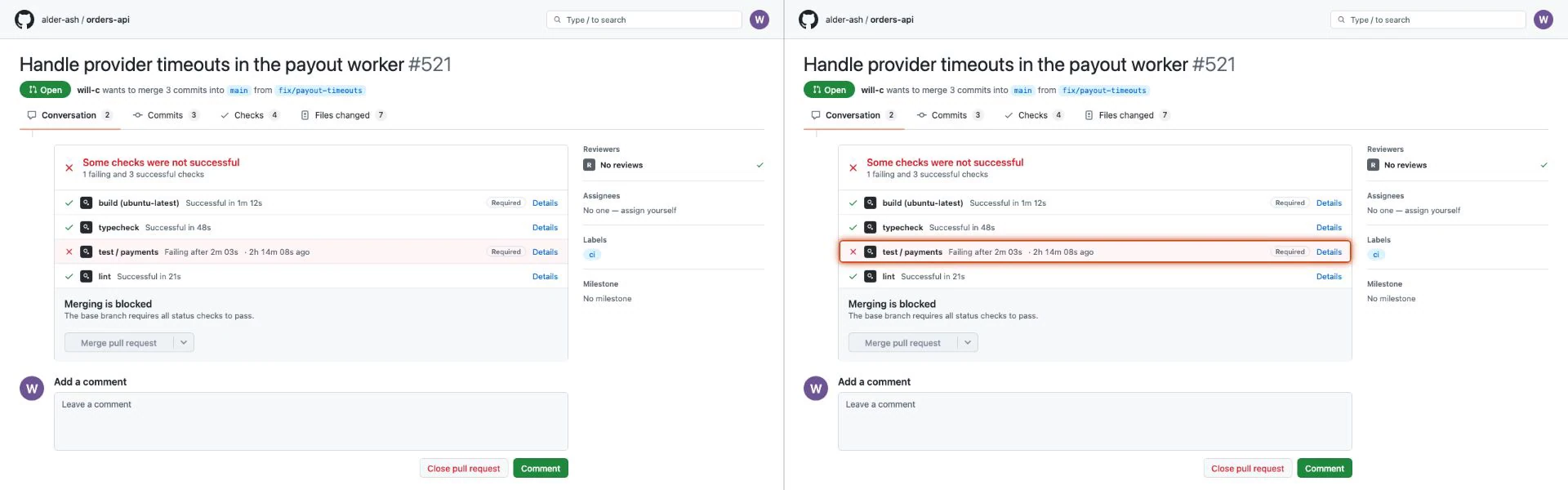 A Side by side frame shows the same GitHub pull request in two halves. Both have a failed payments test and blocked merging; the right half outlines the failed test row in orange.