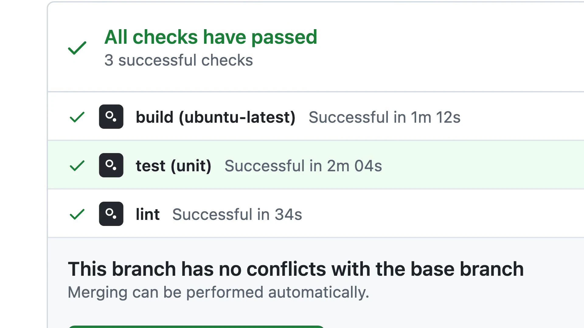 A settled GitHub-style checks panel reports All checks have passed and 3 successful checks. Build, unit tests, and lint each show a green check; the merge status says the branch has no conflicts.