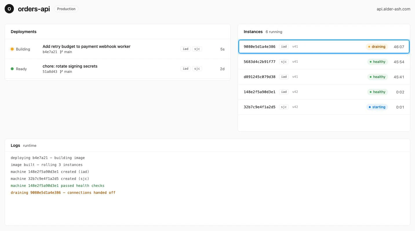 A frame from the Git push tutorial shows the orders-api deployment dashboard, a highlighted draining instance, healthy and starting replacement instances, and the matching runtime log.