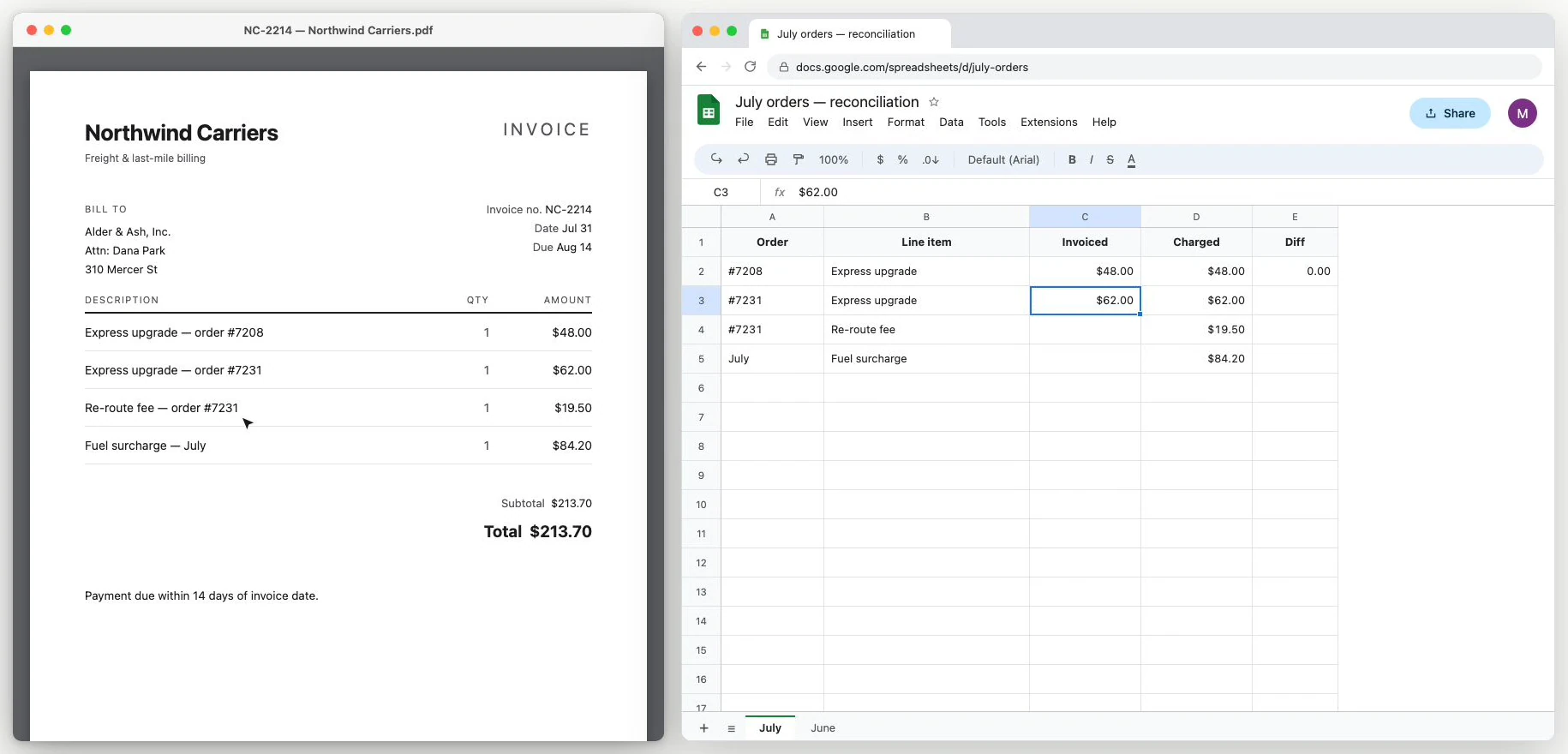 A Relay production frame shows a PDF invoice and a spreadsheet in two desktop windows, with a spreadsheet amount cell selected beside its invoice source. The surfaces are staged reconstructions, used here to illustrate a direct procedural composition.