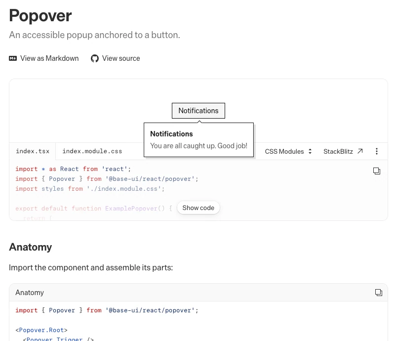 The official Base UI Popover example with the Notifications trigger and its anchored notification popup open.