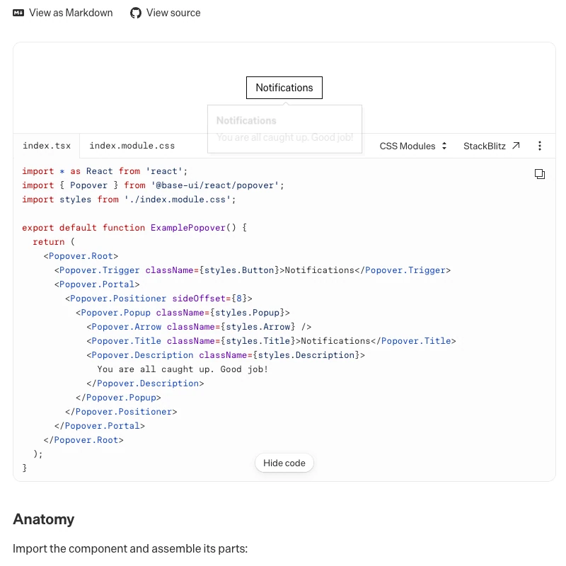 The expanded source of the official Base UI Popover example below its preview, including the component structure.