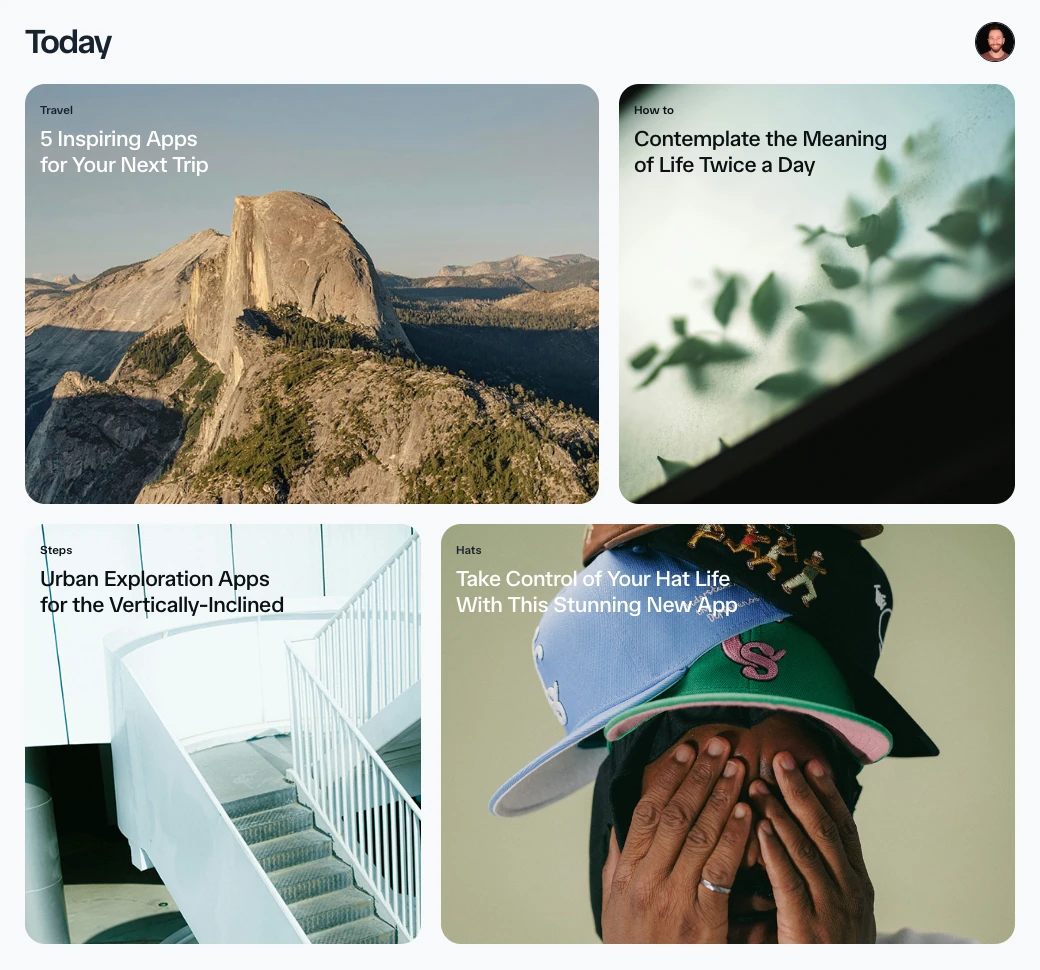 The live Motion app-store example shows a Today heading and four rounded cards: a mountain photograph for Travel, leafy shadows for How to, a stairwell for Steps, and stacked hats for Hats. The card widths alternate across two rows.
