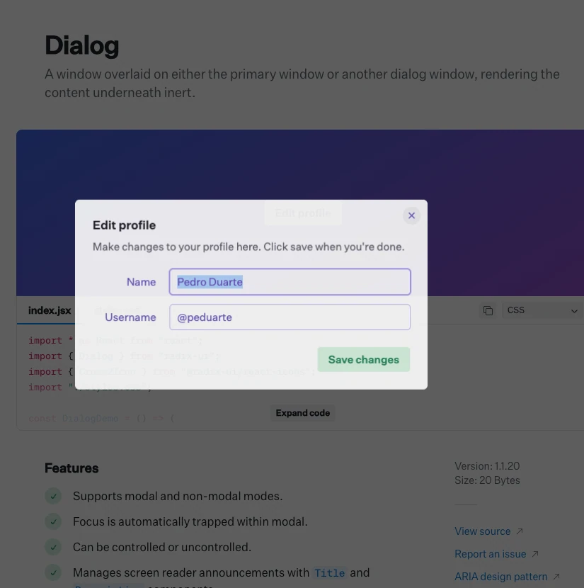 The official Radix profile dialog open with its Name and Username fields, Save changes button, and focused form control.