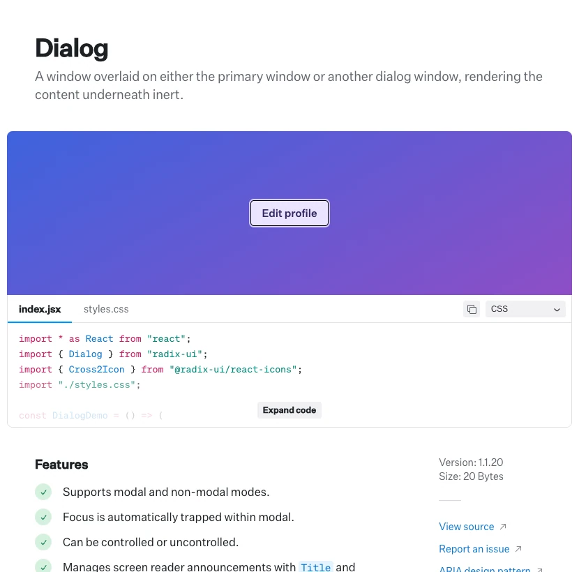 The official Radix Dialog documentation with keyboard focus on the Edit profile trigger and component code visible below.