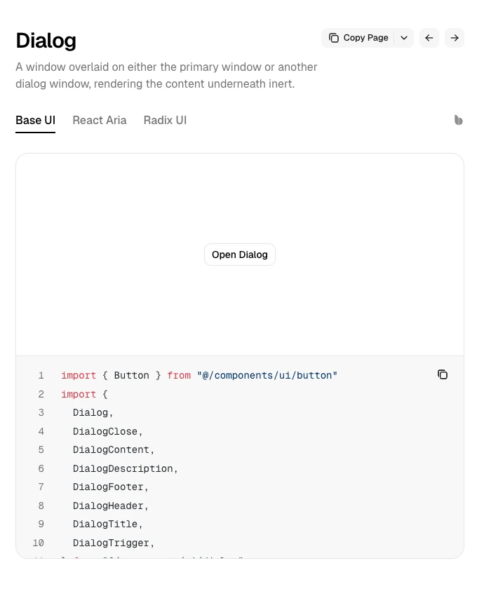 The shadcn/ui documentation showing its interactive Dialog preview and expanded source code.