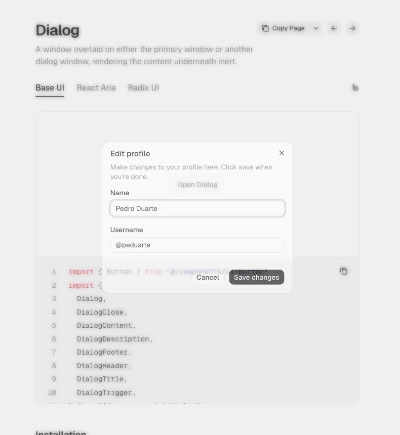 The official shadcn/ui dialog example open over the documentation, showing Name and Username fields and its save and close controls.