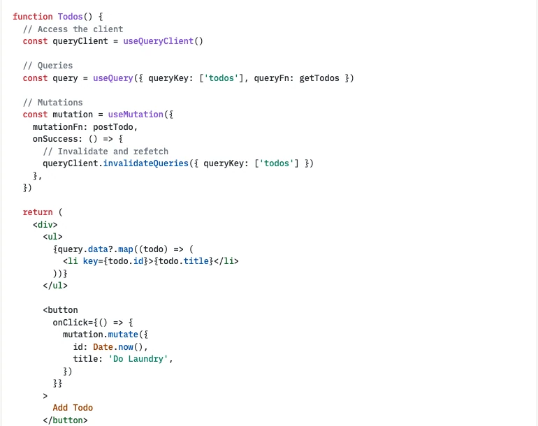 A cropped screenshot of TanStack Query’s official Quick Start source shows the Todos function. It reads the todos query, configures a postTodo mutation with an onSuccess handler that invalidates the todos query key, renders the returned todo titles, and connects an Add Todo button to mutation.mutate.