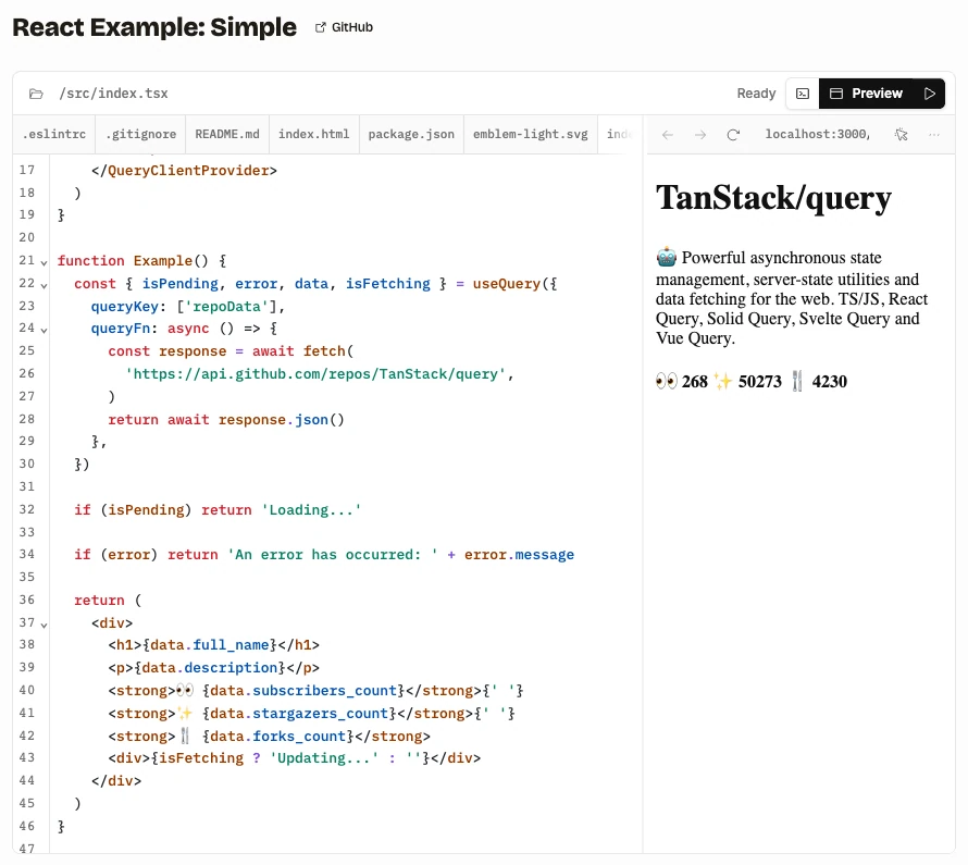 The official TanStack Query Simple example displays its TypeScript source next to a running browser preview. The code uses the repoData query key, fetches the TanStack/query GitHub repository, handles pending and error states, and renders its name, description, and repository counts.