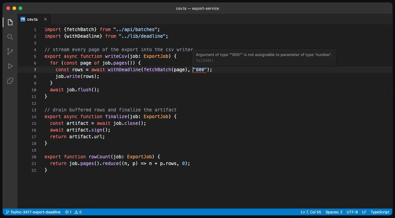 An extracted frame from The handoff shows csv.ts in a code editor, with string 800 underlined and a tooltip explaining that it is not assignable to a number parameter.