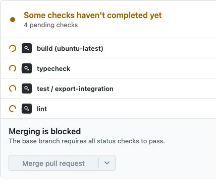 A staged GitHub checks panel shows four pending checks, an incomplete-checks summary, a Merging is blocked message, and a disabled Merge pull request button.
