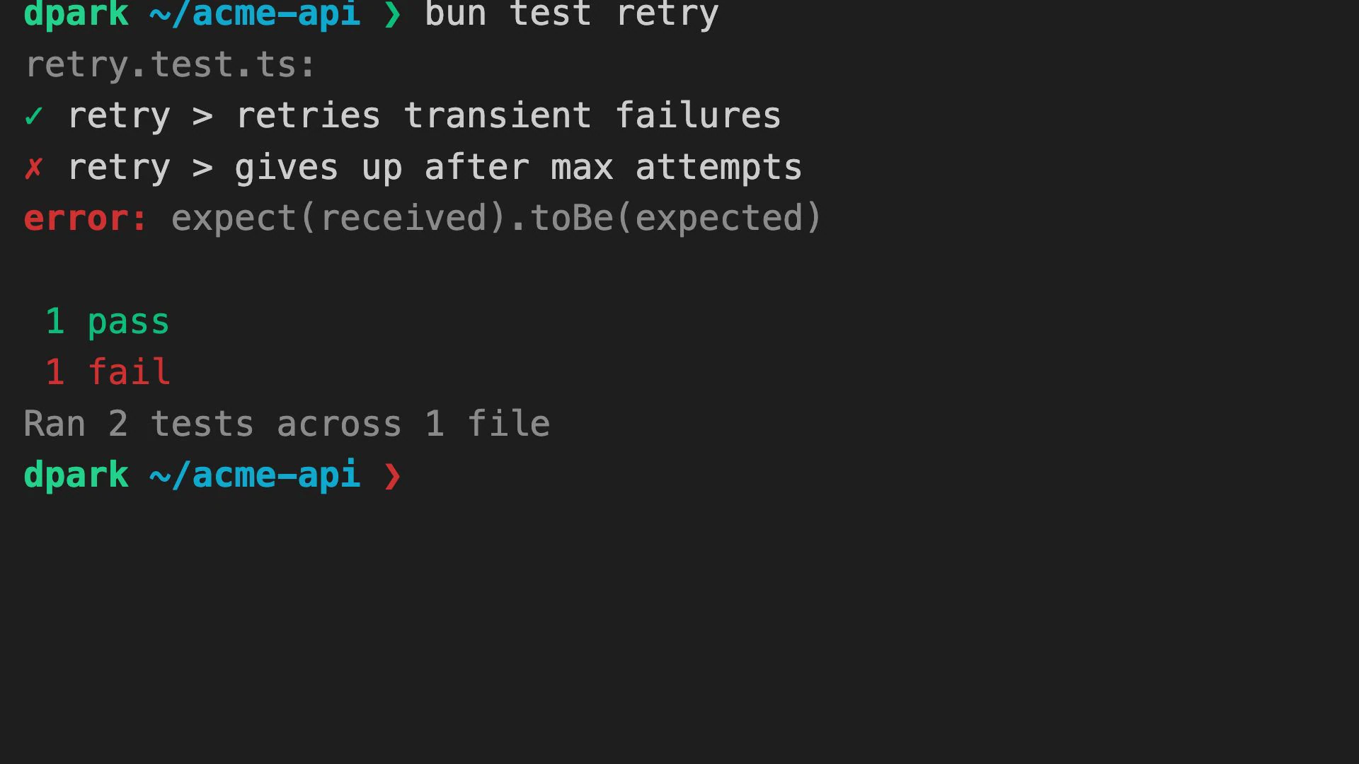A Close work terminal frame shows retry tests, an expected-to-be error, and a summary with one pass and one fail.