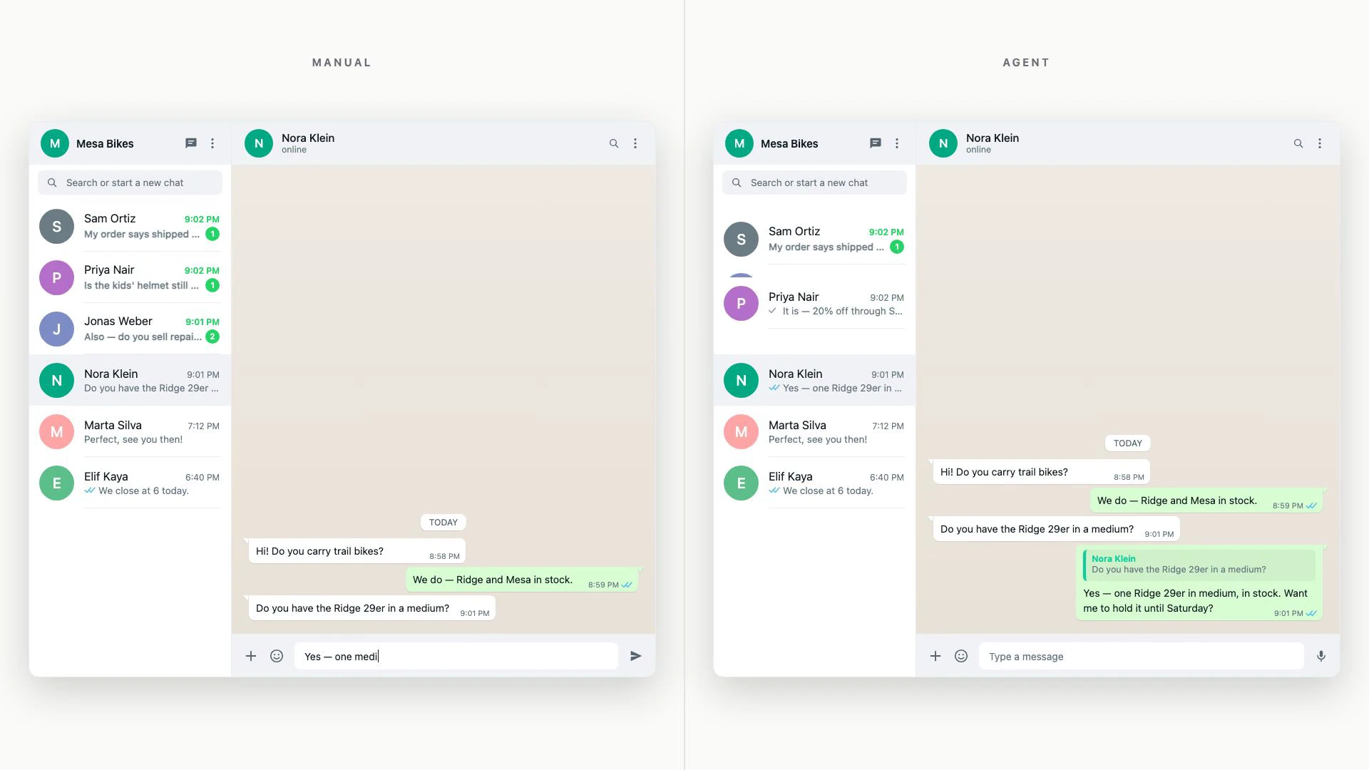 An actual Side by side frame shows two WhatsApp workspaces with the same selected contact and conversation, while the right-hand thread contains a more complete response.
