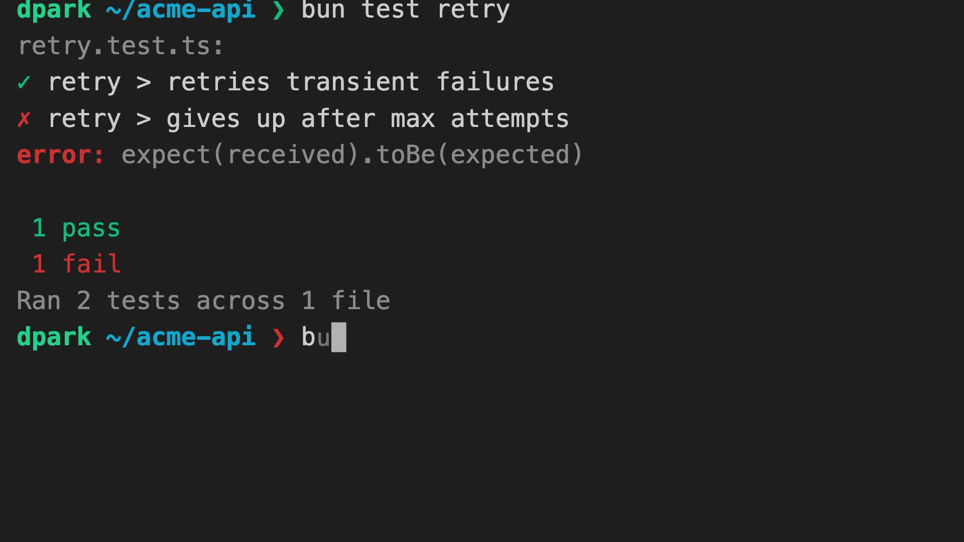 The terminal displays bun test retry and two test cases: transient failures pass, maximum attempts fail. An assertion error appears above the summary showing one pass and one fail across two tests.