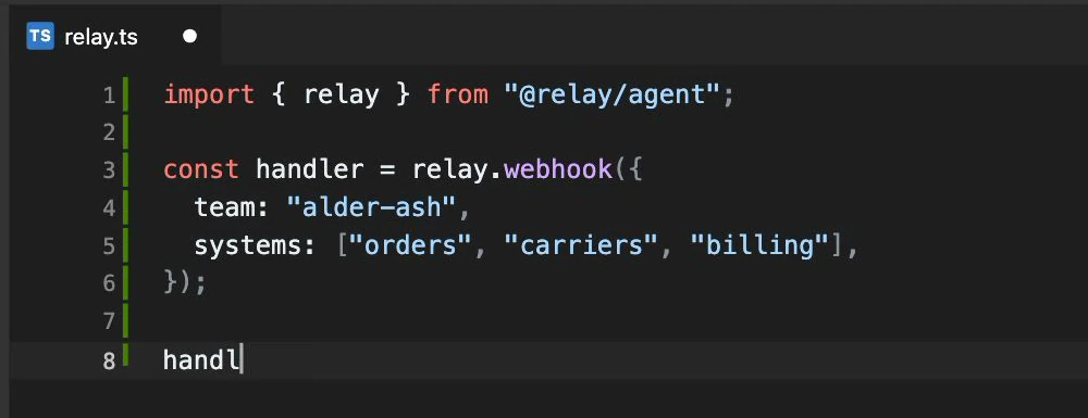 The Relay code-editor scene shows relay.ts with a webhook configuration naming the alder-ash team and the orders, carriers, and billing systems. The next handler line is beginning beneath the configuration. This is staged demonstration code.