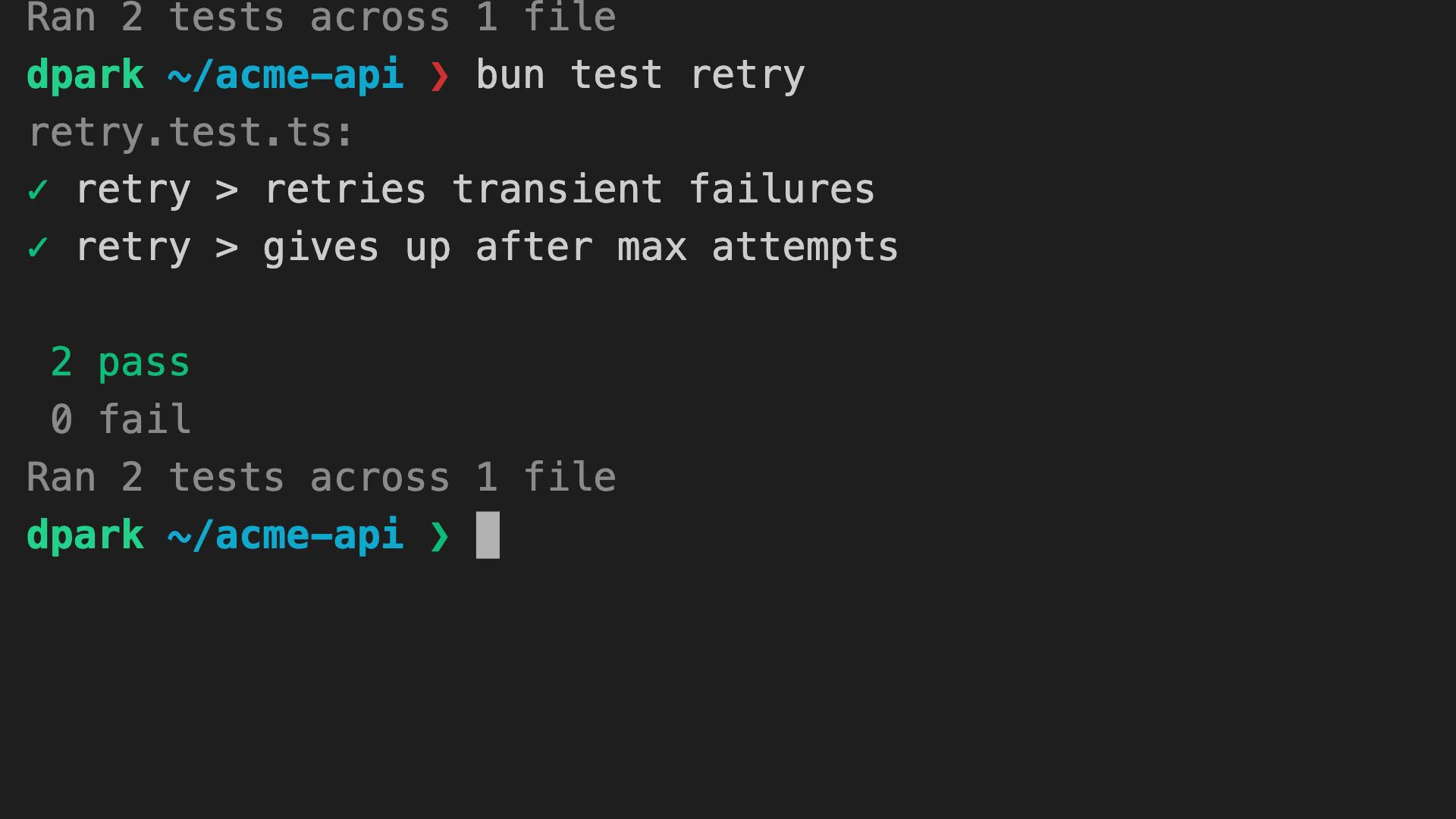 A close terminal frame from the published Close work sample shows bun test retry with both the transient-failures and maximum-attempts cases passing, followed by two passes, zero failures, and a returned prompt. The earlier failure appears in the source film before this result frame.