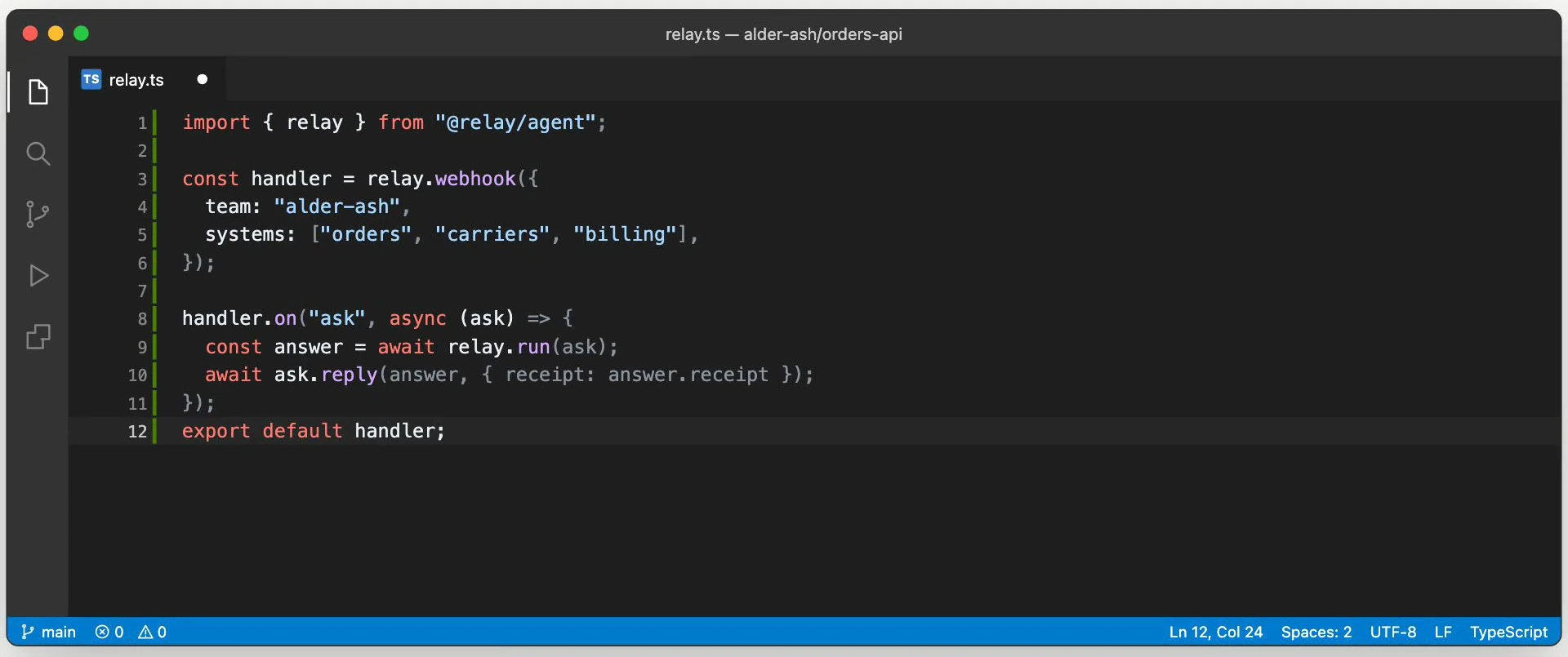 VS Code demonstration containing twelve lines of fictional Relay integration code. It imports relay, creates a webhook for the alder-ash team and orders, carriers, and billing systems, handles an ask, replies with the answer and receipt, and exports the handler.