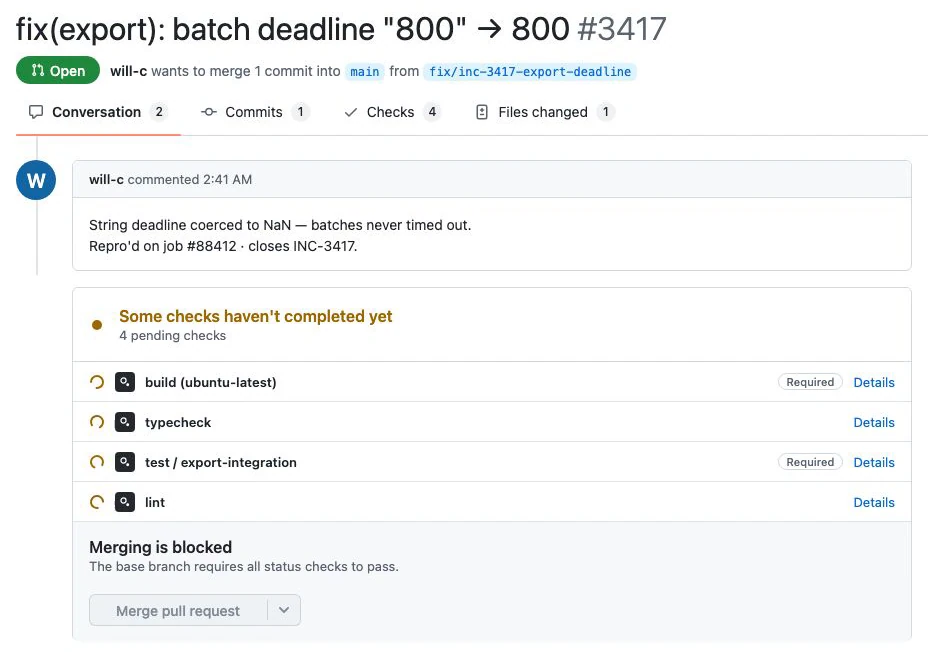 An actual frame from The handoff shows the GitHub pull request for the export-deadline fix, its test checks, and its merge section.