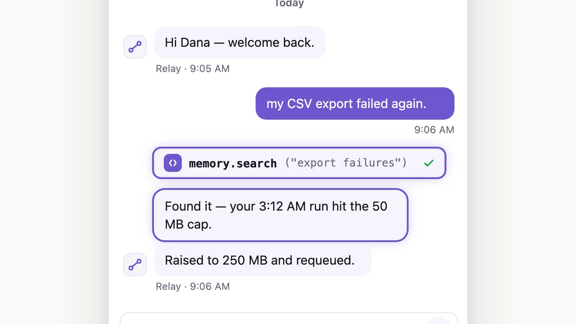 A close fictional Relay chat shows the CSV-export question above a completed memory.search row and a reply identifying the 50 MB limit, with the next line describing a raised limit and requeue.