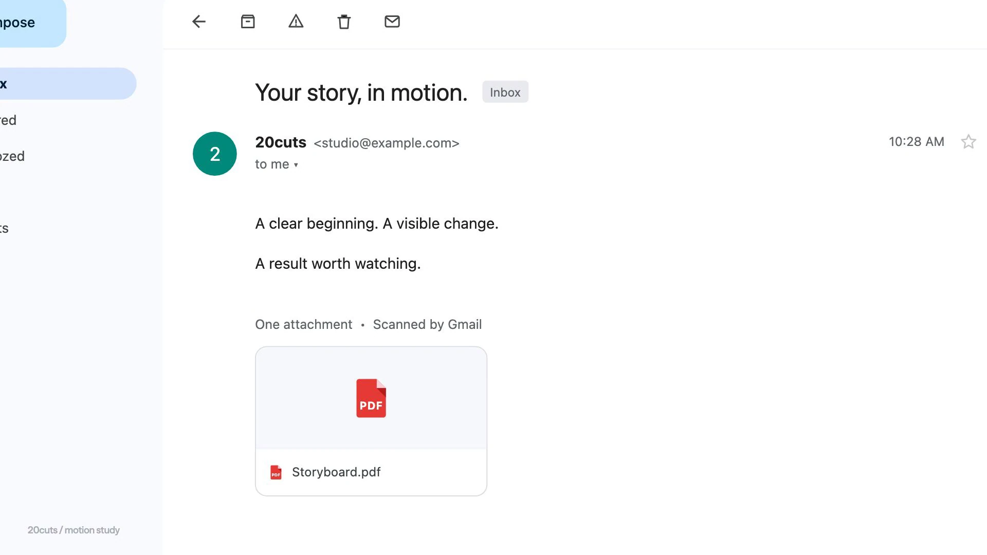 Close Gmail demonstration from 20cuts with subject Your story, in motion. The message describes a clear beginning, a visible change, and a result worth watching, above a Storyboard.pdf attachment.