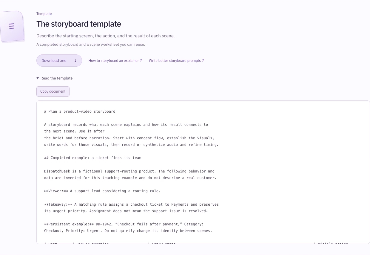The 20cuts storyboard template expanded in the browser. The editable text identifies a support lead as the viewer, states that assignment preserves urgency without resolving the issue, and retains ticket DD-1042 with its checkout problem and urgent priority.