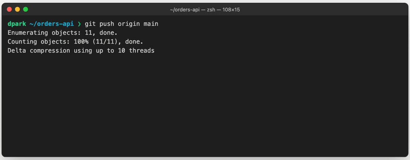 Terminal demonstration showing git push origin main, enumerating eleven objects, counting eleven of eleven, and delta compression using up to ten threads.