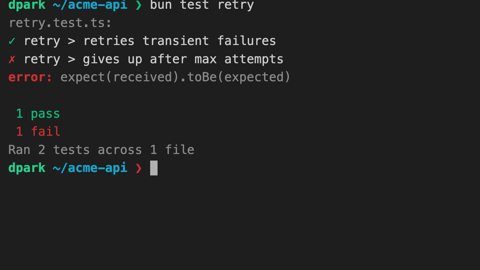 Close terminal view of bun test retry. The transient-failure test passes, the maximum-attempts test fails, an expectation error is printed, and the summary reads one pass and one fail.