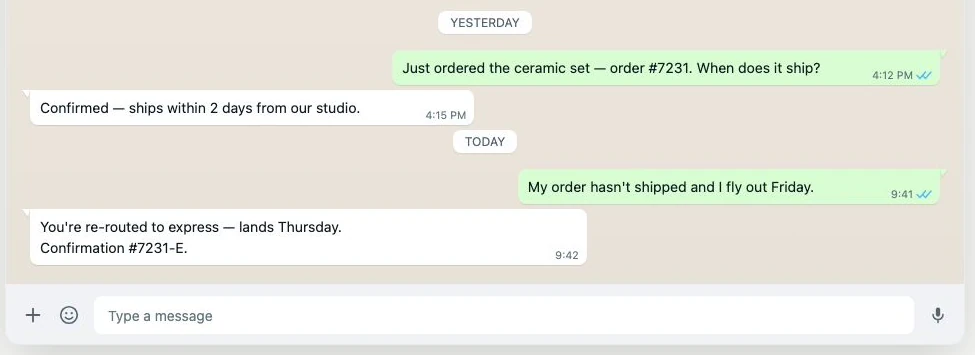 Cropped Alder & Ash WhatsApp example. Yesterday’s message identifies order 7231. Today the customer says it has not shipped before a Friday flight; the reply confirms express routing, Thursday arrival, and confirmation 7231-E.