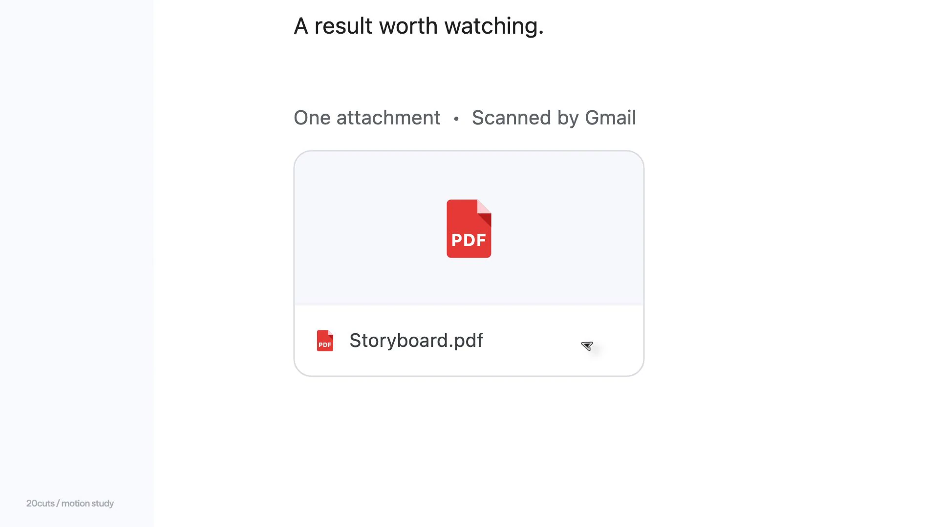 A frame from the approved vendor reel shows a close Gmail message with its Storyboard.pdf attachment and cursor near the attachment.