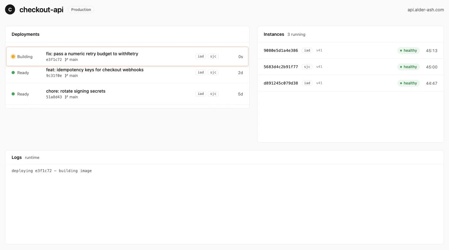 An actual frame from The long cut shows a deployment dashboard with deployment rows at left, instance states at right, and runtime logs below.
